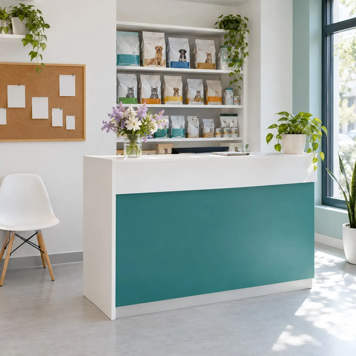 Receção branca e luminosa com balcão verde-água, flores e uma planta