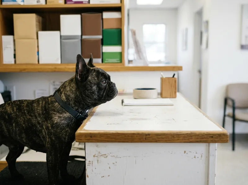 Buldogue francês a espreitar por trás do balcão da receção