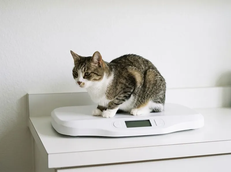 Gato tigrado sentado numa balança num consultório branco