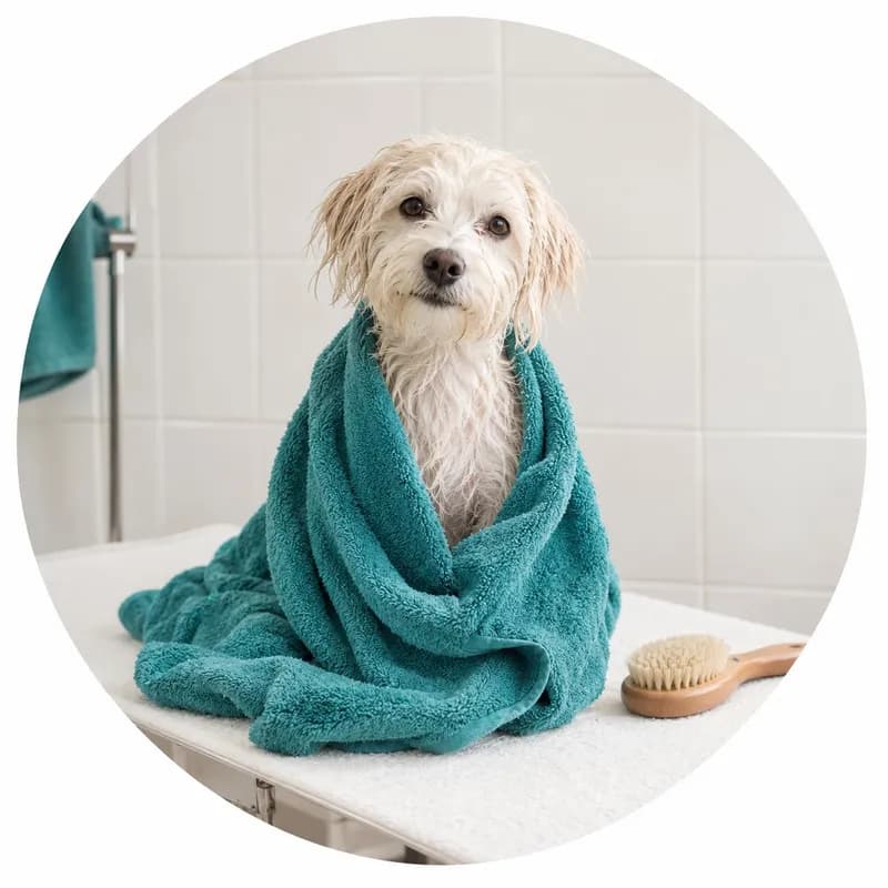 Cão pequeno embrulhado numa toalha depois do banho