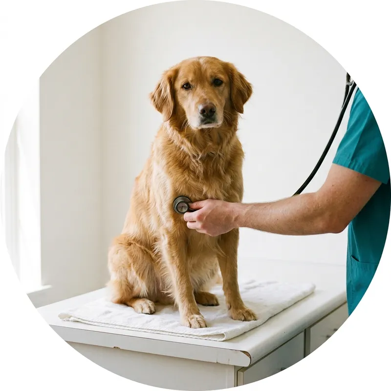 Veterinária a observar um cão calmo numa marquesa branca