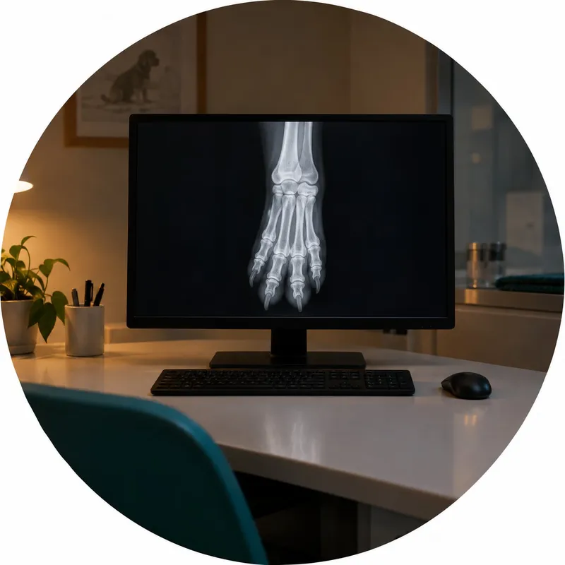 Radiografia digital da pata de um cão num monitor