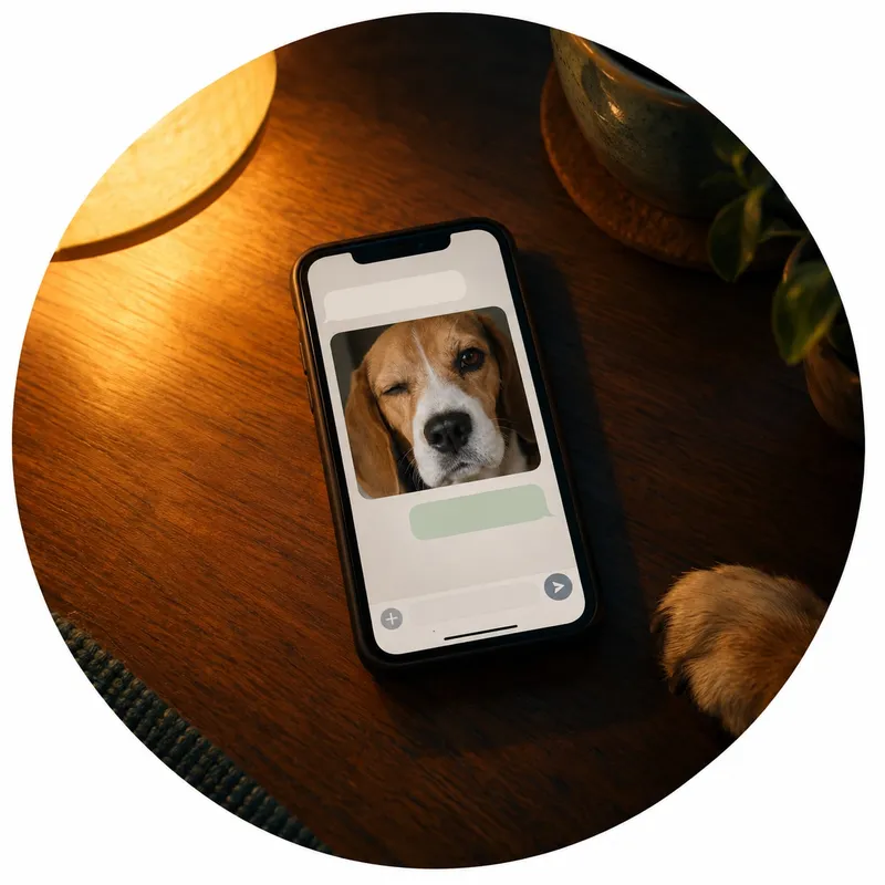 Telemóvel numa mesa à noite com uma conversa de WhatsApp e a foto do olho de um cão